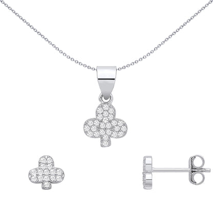 Sterling Silver CZ Clover Earrings & Pendant Set - GSET694
