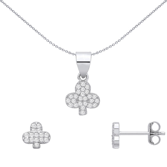 Sterling Silver CZ Clover Earrings & Pendant Set - GSET694