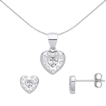 Silver  Heart CZ Nested Celestial Halo Earrings & Pendant Set - GSET695