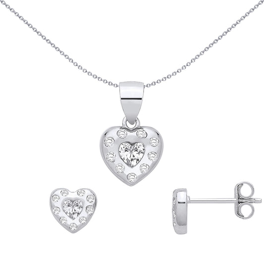 Silver  Heart CZ Nested Celestial Halo Earrings & Pendant Set - GSET695