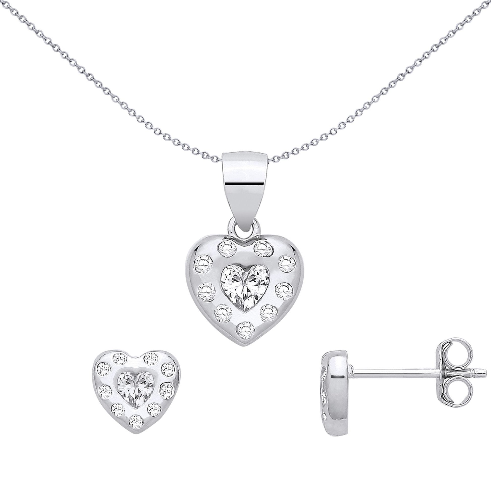 Silver  Heart CZ Nested Celestial Halo Earrings & Pendant Set - GSET695