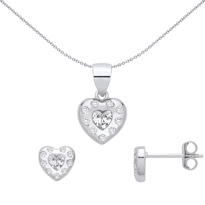 Sterling Silver CZ Heart Earrings & Pendant Set - GSET695