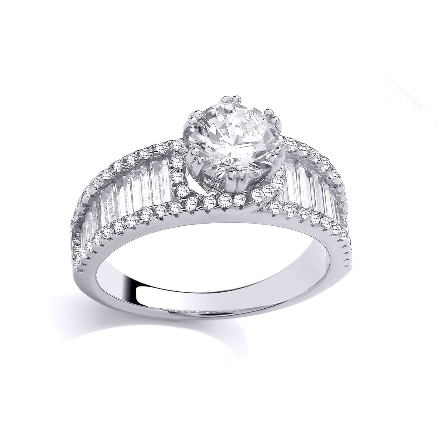 Silver  Baguette CZ Paperclip Halo Cherry Claws Solitaire Ring - GSR1012