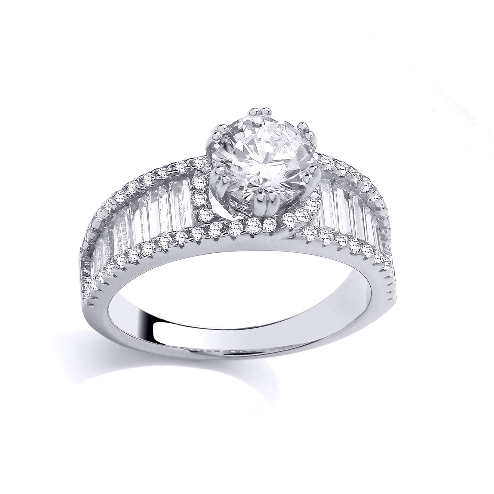 Silver  Baguette CZ Paperclip Halo Cherry Claws Solitaire Ring - GSR1012