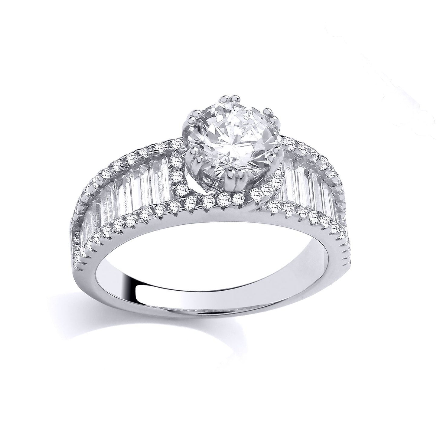 Silver  Baguette CZ Paperclip Halo Cherry Claws Solitaire Ring - GSR1012