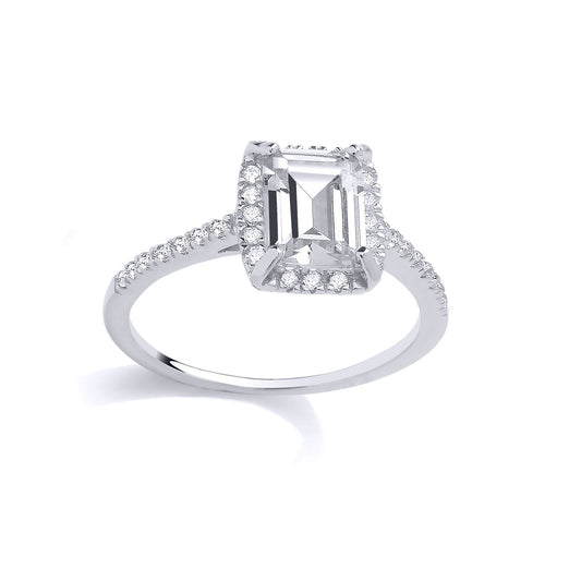 Silver  Emerald CZ Cushion Halo Solitaire Engagement Ring - GSR1014