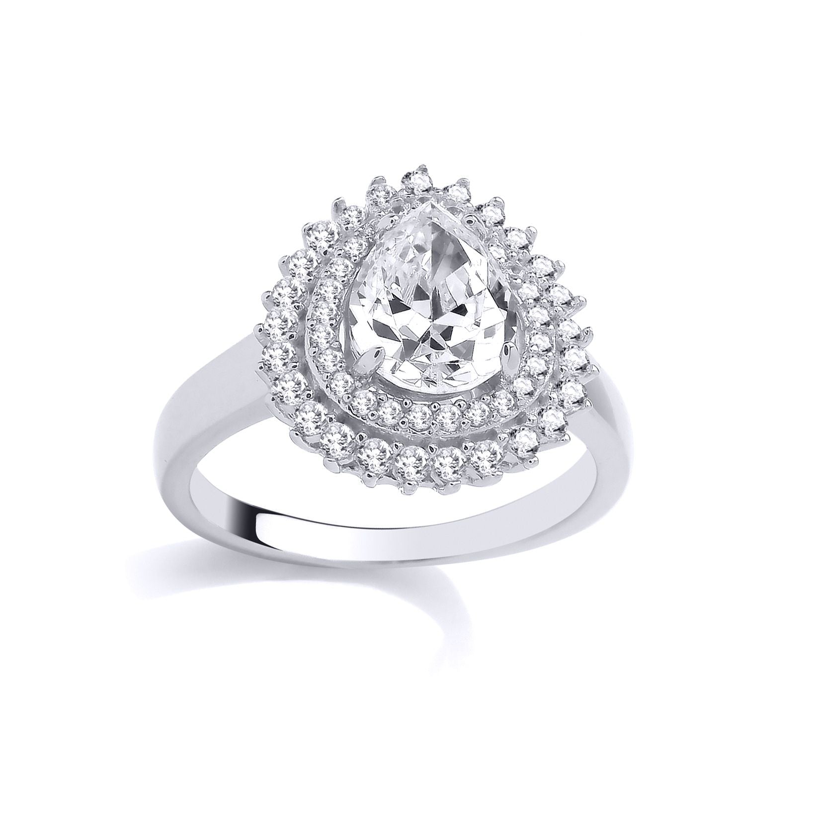 Silver  Pear CZ Double Teardop Halo Cluster Solitaire Ring - GSR1015