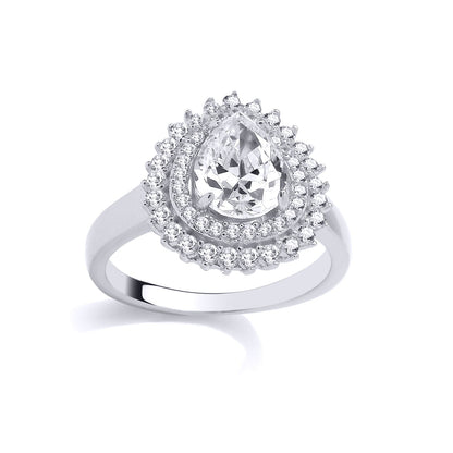 Silver  Pear CZ Double Teardop Halo Cluster Solitaire Ring - GSR1015