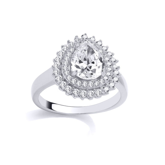 Silver  Pear CZ Double Teardop Halo Cluster Solitaire Ring - GSR1015