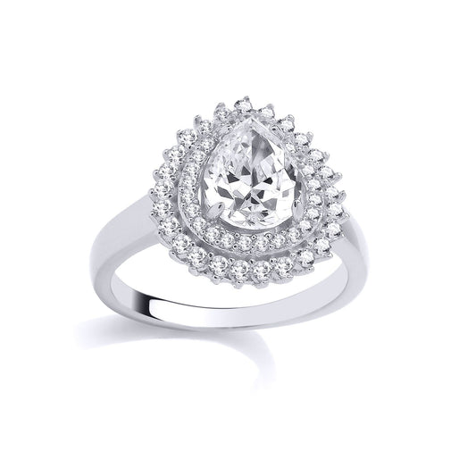 Silver Pear CZ Double Teardop Halo Cluster Solitaire Ring - GSR1015
