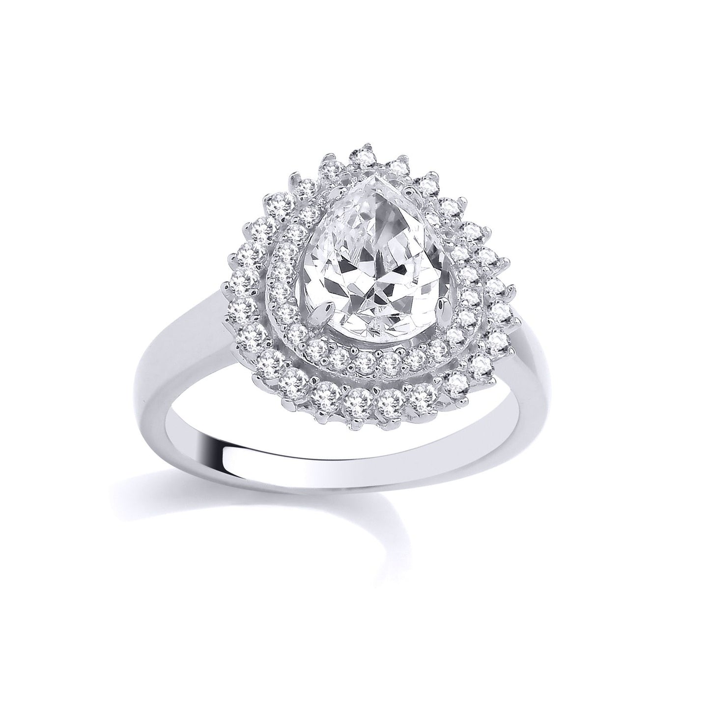 Silver  Pear CZ Double Teardop Halo Cluster Solitaire Ring - GSR1015