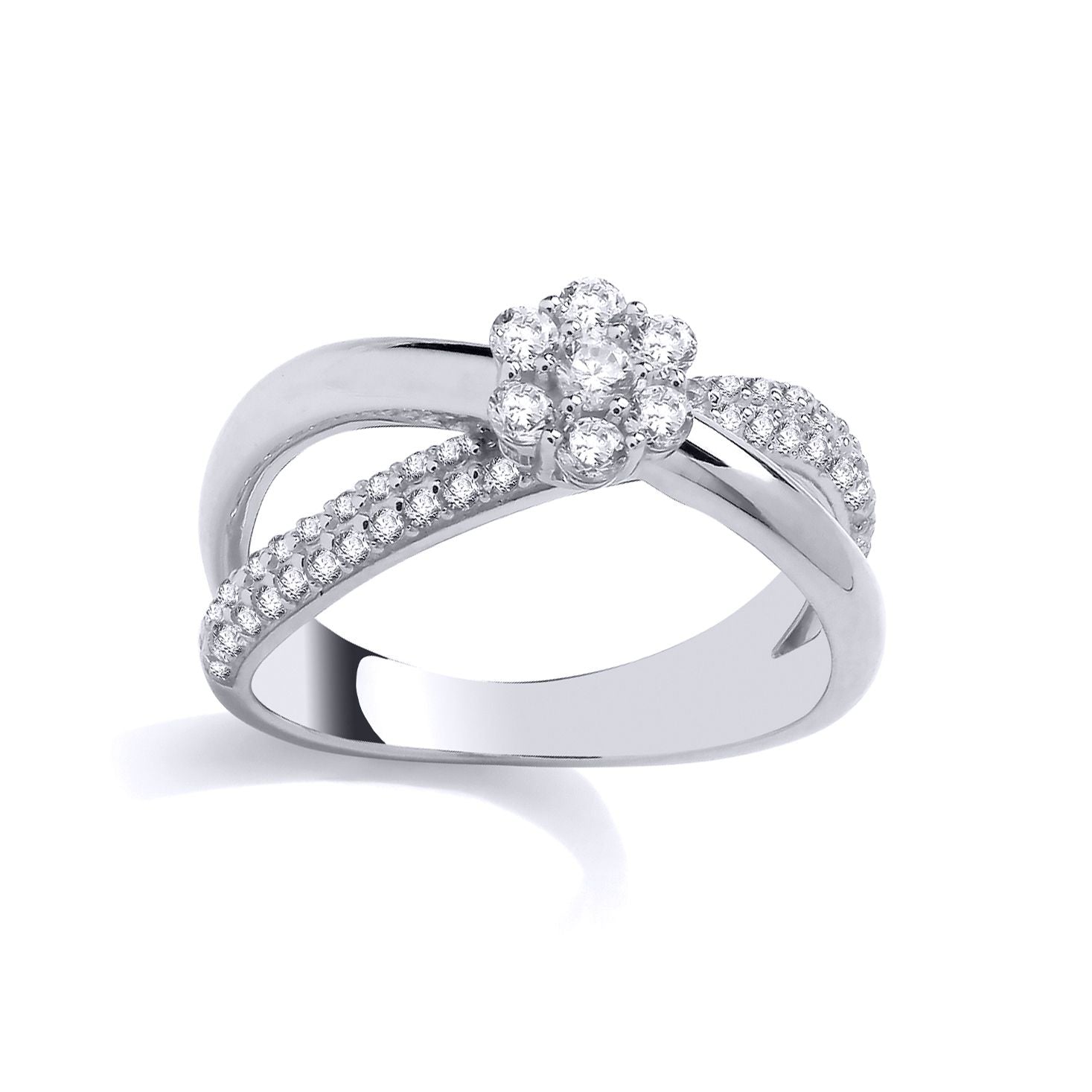 Silver  CZ Crossover Daisy Flower Eternity Dress Ring - GSR1018