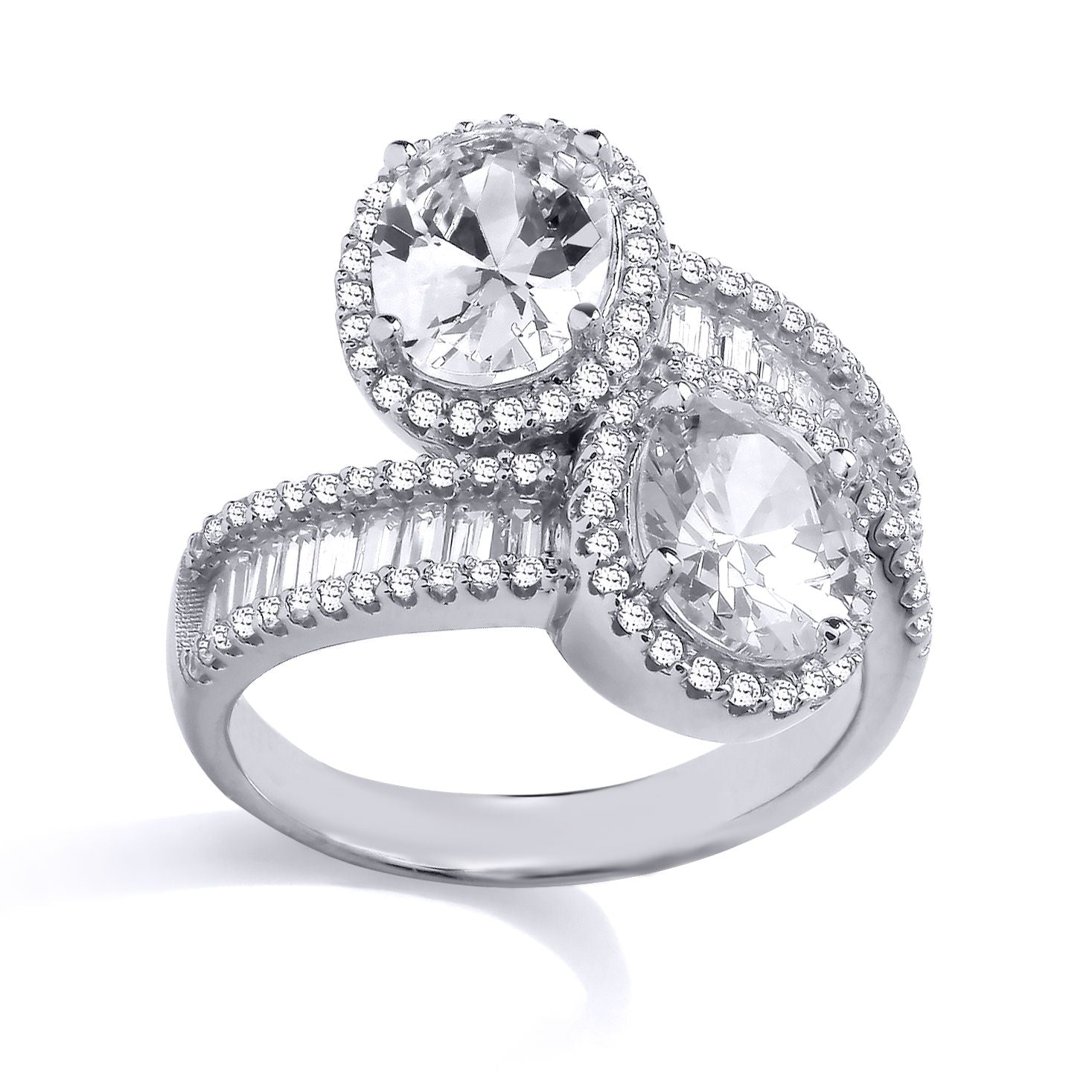 Silver  Oval Baguette CZ Crossover Bypass Halo Channel Dress Ring - GSR1020