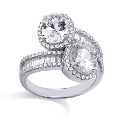 Silver  Oval Baguette CZ Crossover Bypass Halo Channel Dress Ring - GSR1020