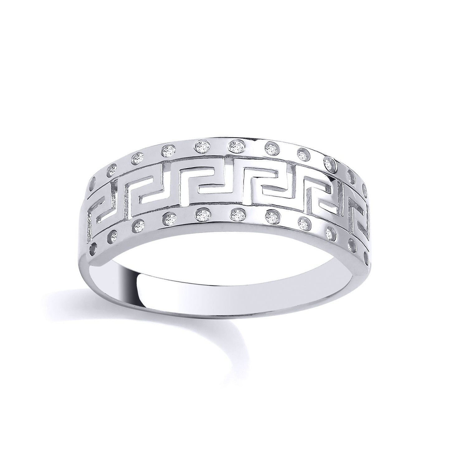 Silver  CZ Stone Studded Greek Key Meander Dress Ring - GSR1024