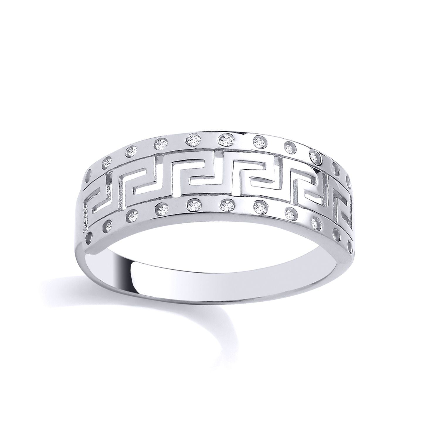 Silver  CZ Stone Studded Greek Key Meander Dress Ring - GSR1024