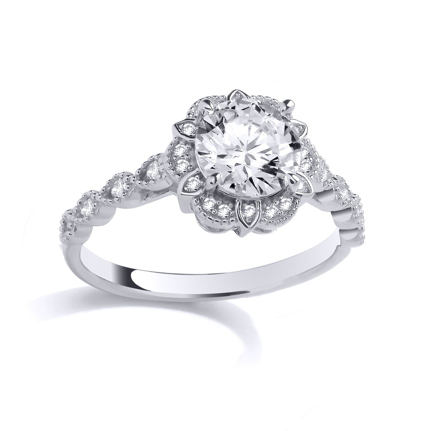 Silver  CZ Tudor Rose Flower Scalloped Halo Solitaire Ring - GSR1028