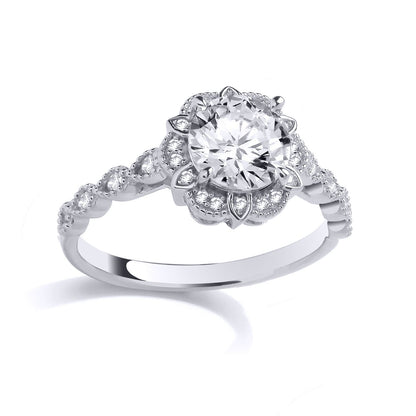 Silver  CZ Tudor Rose Flower Scalloped Halo Solitaire Ring - GSR1028