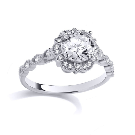 Silver  CZ Tudor Rose Flower Scalloped Halo Solitaire Ring - GSR1028