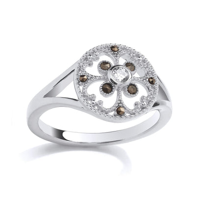 Silver  Brown Marcusite CZ Clover Mosaic Hot Cross Bun Button Ring - GSR1033