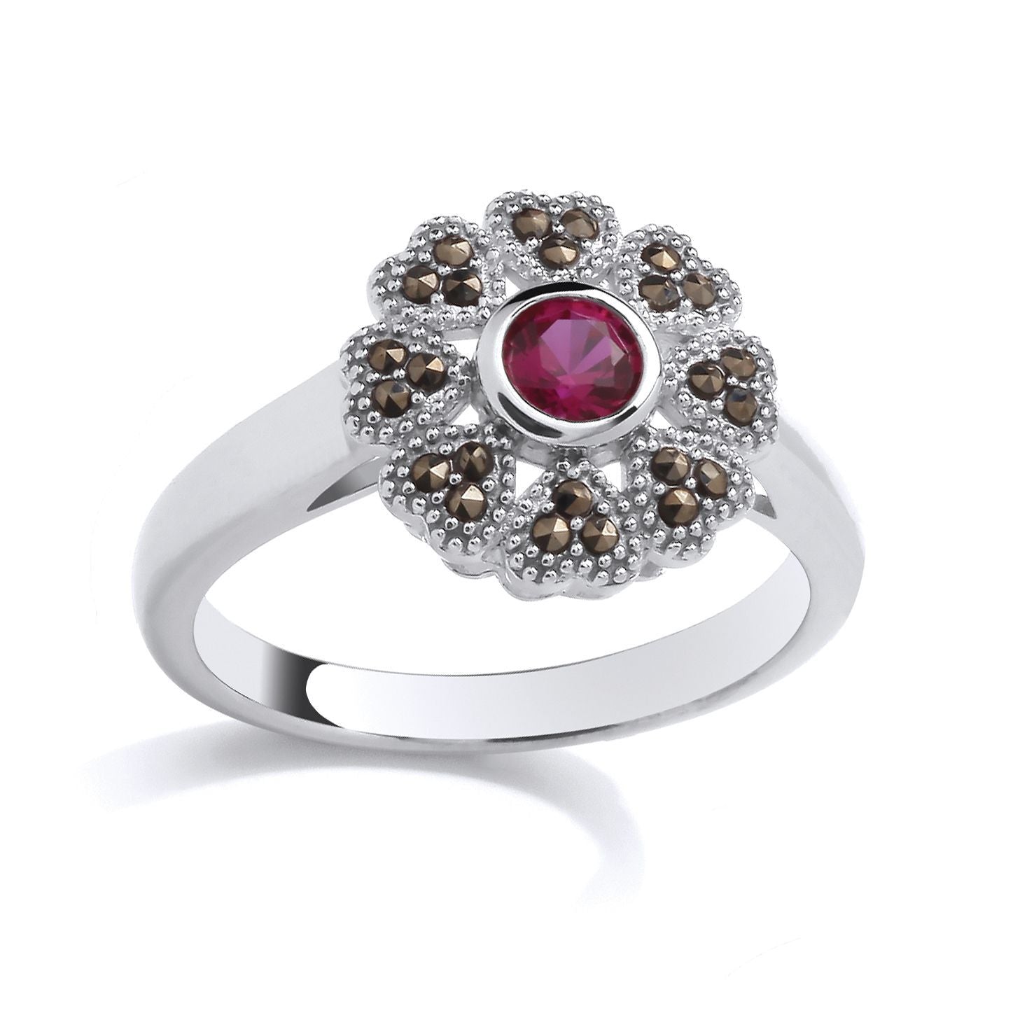 Silver  Red Marcusite CZ Chocolate Hearts & Arrows Cocktail Ring - GSR1034