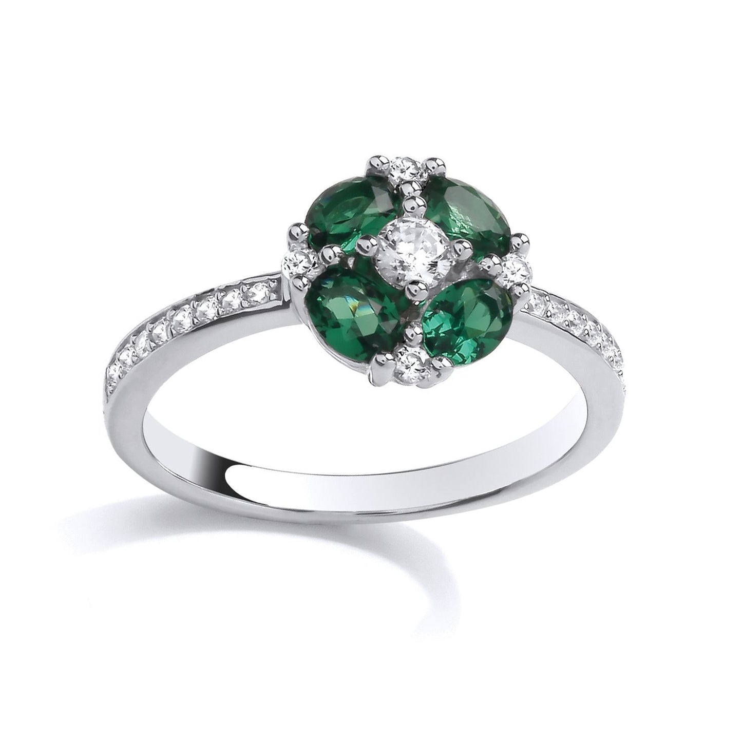 Silver  Green Oval CZ Lucky Clover Shoulder-set Cocktail Ring - GSR1035