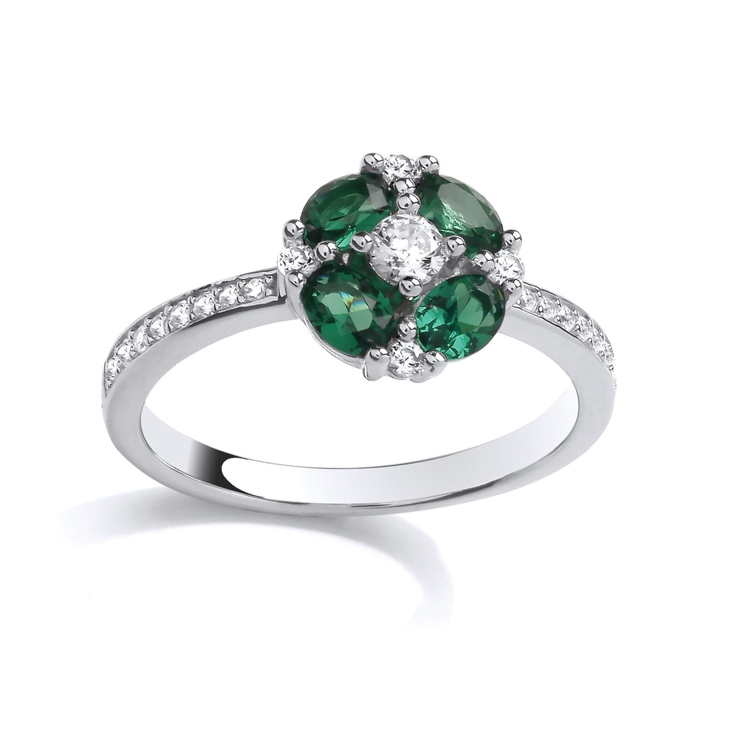 Silver  Green Oval CZ Lucky Clover Shoulder-set Cocktail Ring - GSR1035