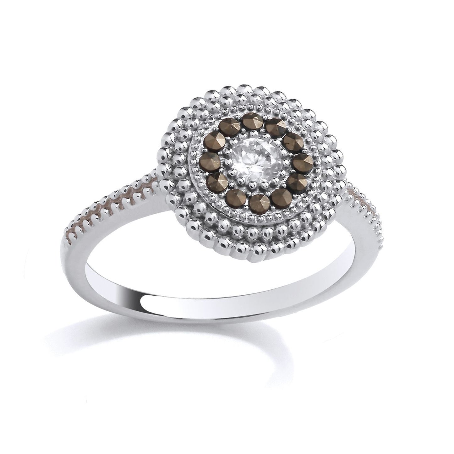 Silver  Brown Marcusite & CZ Beaded Halo Solitaire Cocktail Ring - GSR1036