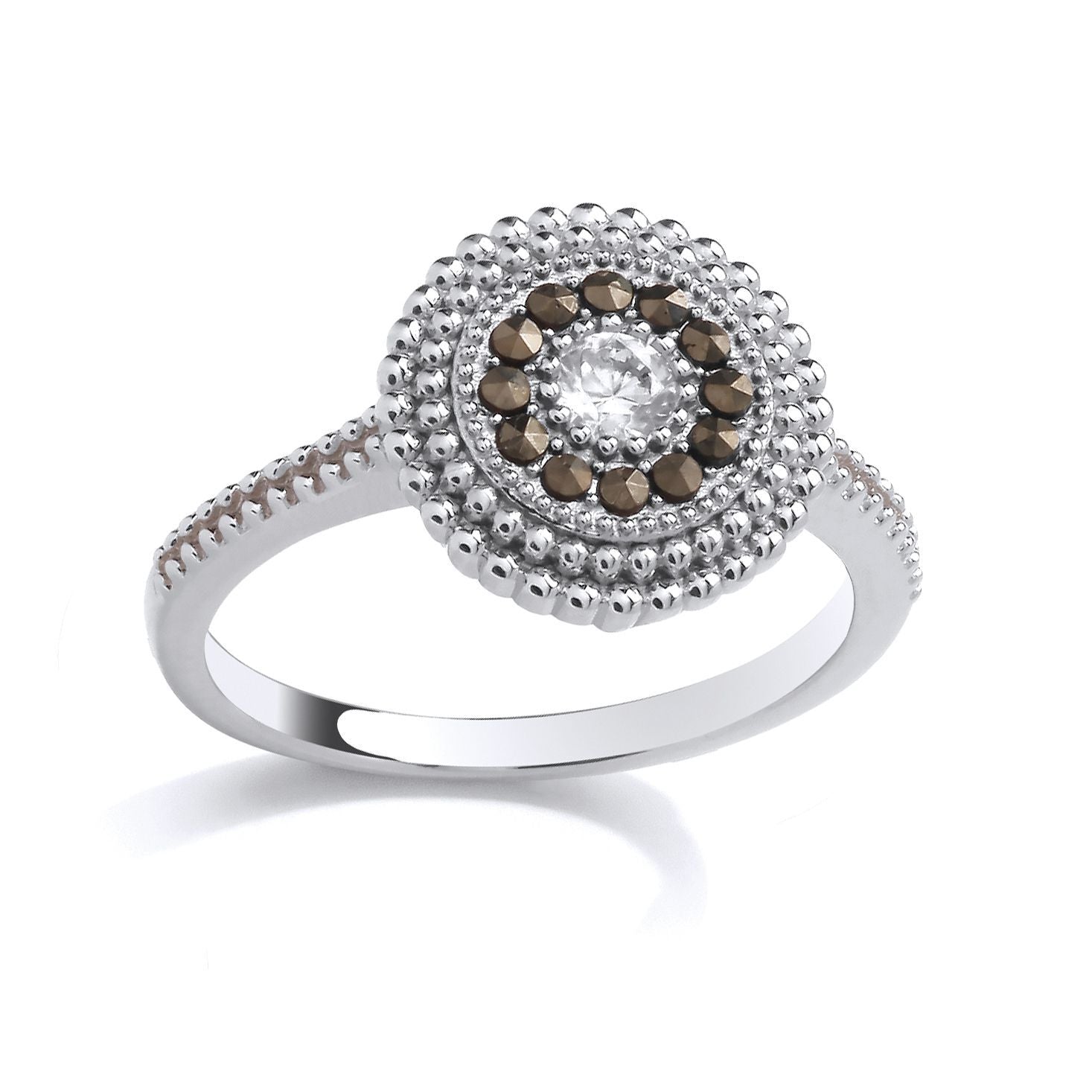 Silver  Brown Marcusite & CZ Beaded Halo Solitaire Cocktail Ring - GSR1036