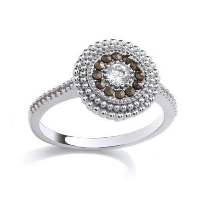 Silver  Brown Marcusite & CZ Beaded Halo Solitaire Cocktail Ring - GSR1036