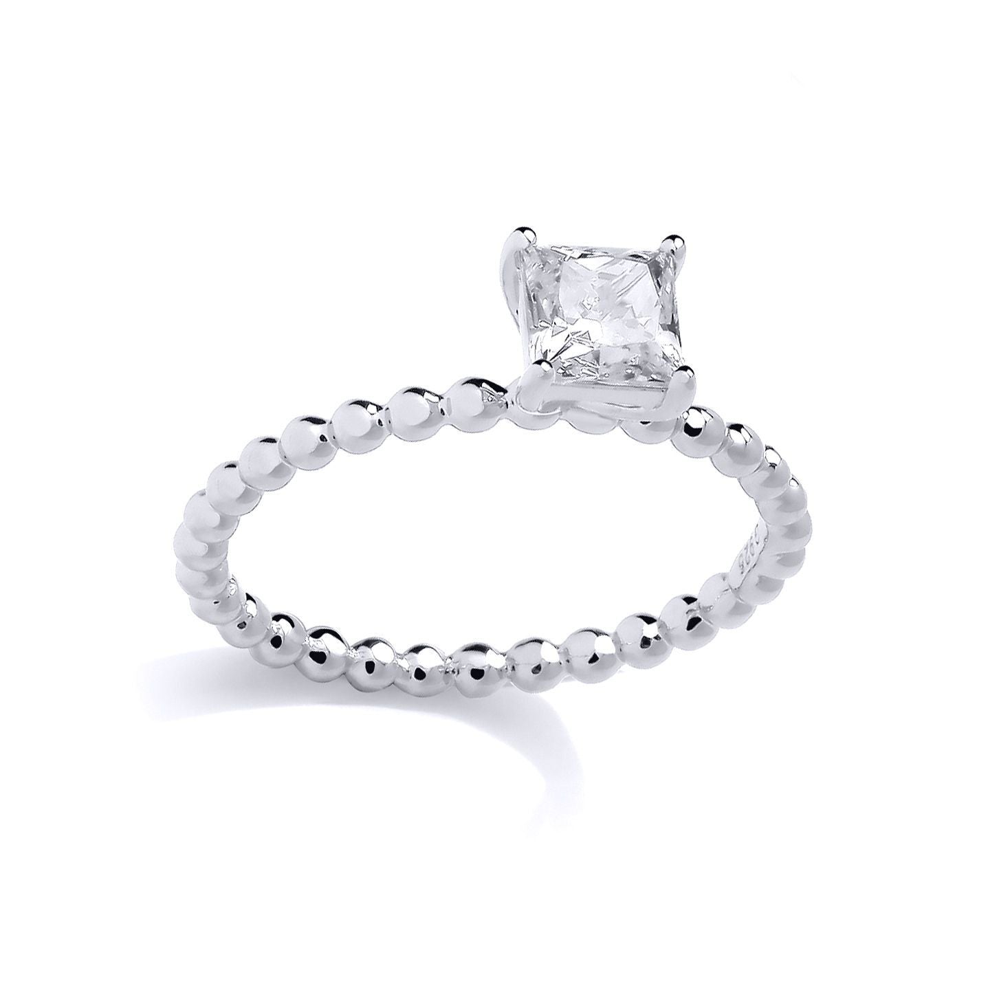 Silver  Princess CZ Beaded Minimalist 4-Claw Solitaire Ring - GSR1037