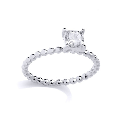 Silver  Princess CZ Beaded Minimalist 4-Claw Solitaire Ring - GSR1037