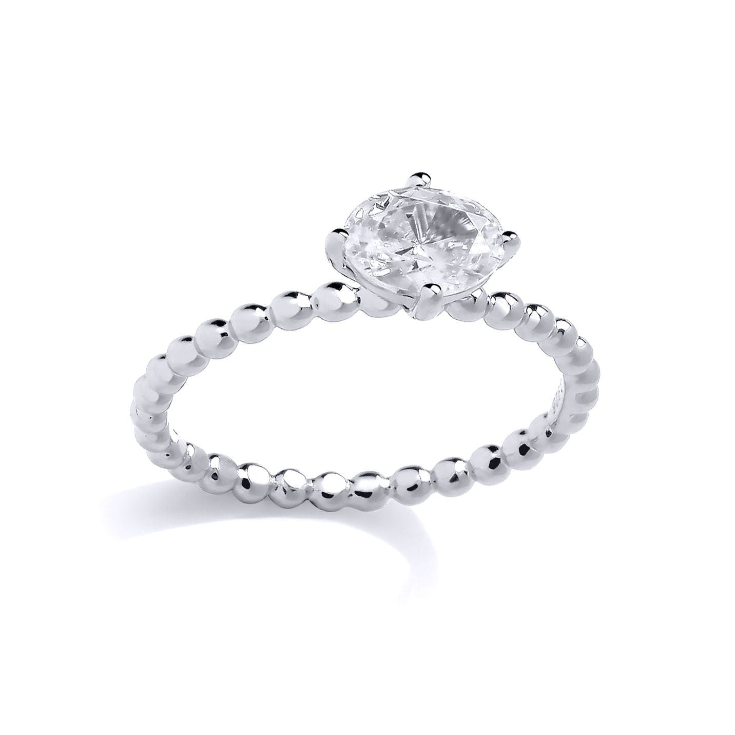 Silver  Oval CZ Beaded Minimalist 4-Claw Engagement Solitaire Ring - GSR1038