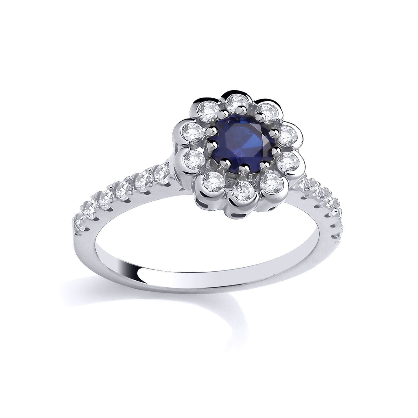 Silver  Blue CZ Flower Petal Halo Royal Cluster Engagement Ring - GSR1039