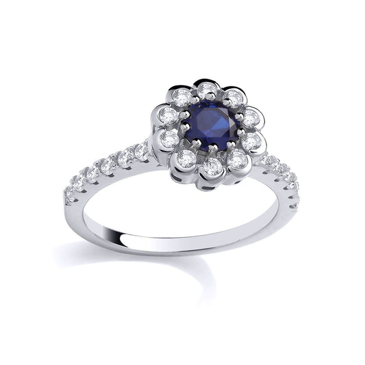 Silver  Blue CZ Flower Petal Halo Royal Cluster Engagement Ring - GSR1039