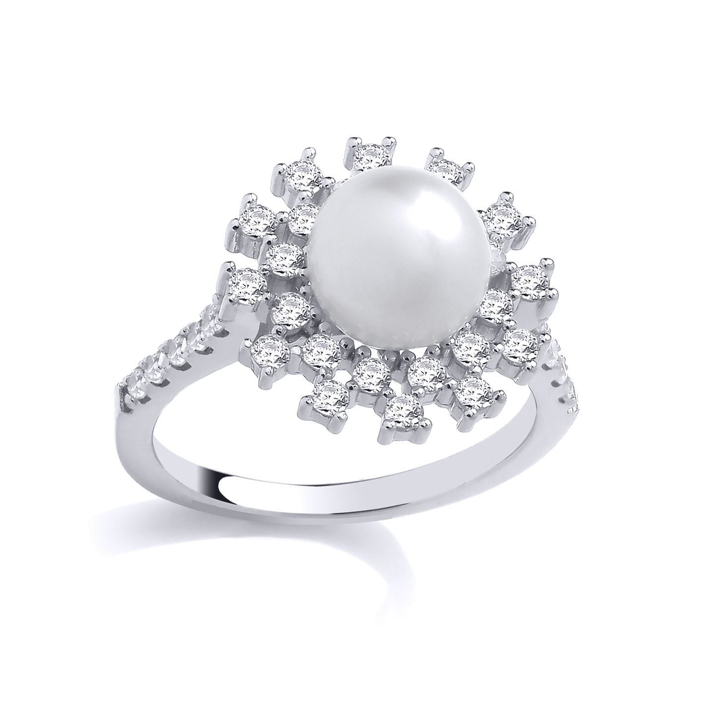 Silver  Cream Pearl CZ Scattered Starburst Halo Full Moon Ring - GSR1040