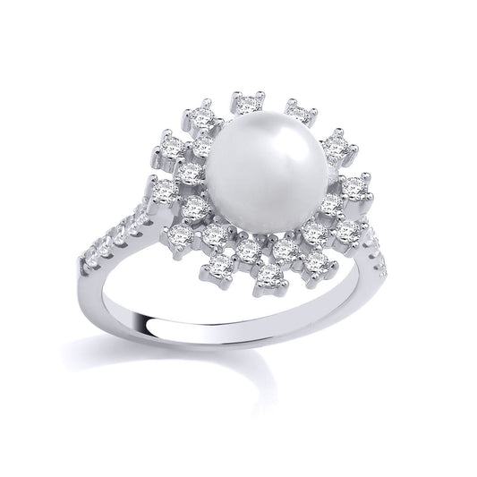 Silver  Cream Pearl CZ Scattered Starburst Halo Full Moon Ring - GSR1040