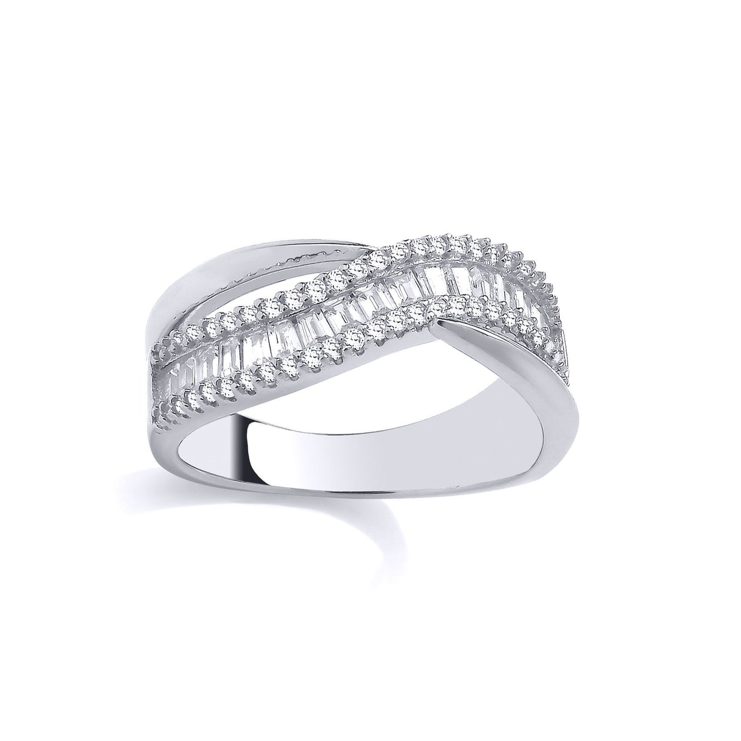 Sterling Silver CZ Round & Baguette Crossover Ring - GSR1041