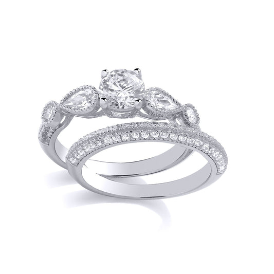 Silver  Pear CZ Bead Edge Halo Cluster Bridal Rings Set - GSR1044