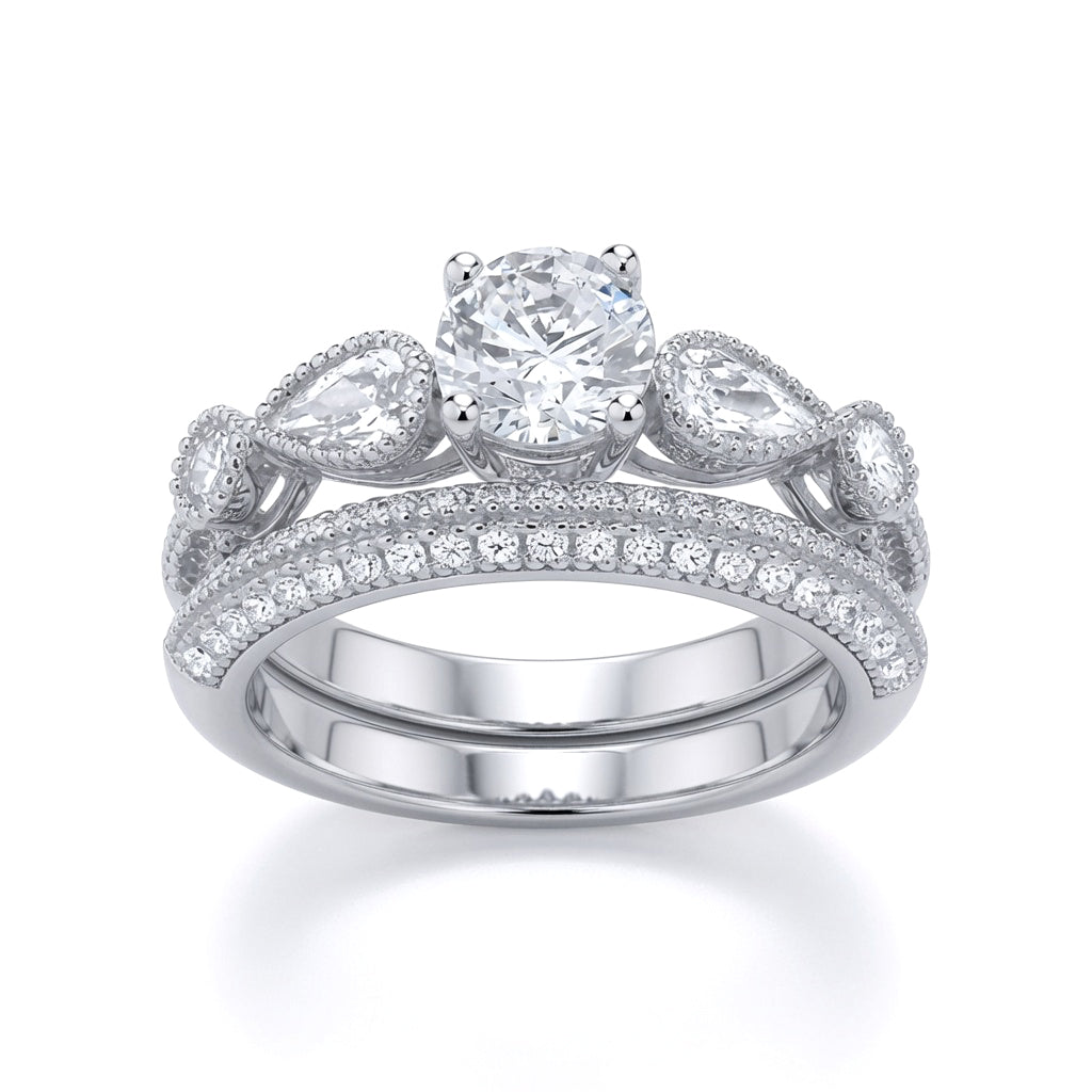 Silver  Pear CZ Bead Edge Halo Cluster Bridal Rings Set - GSR1044