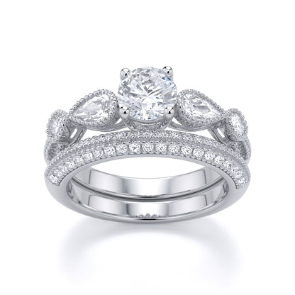 Silver  Pear CZ Bead Edge Halo Cluster Bridal Rings Set - GSR1044