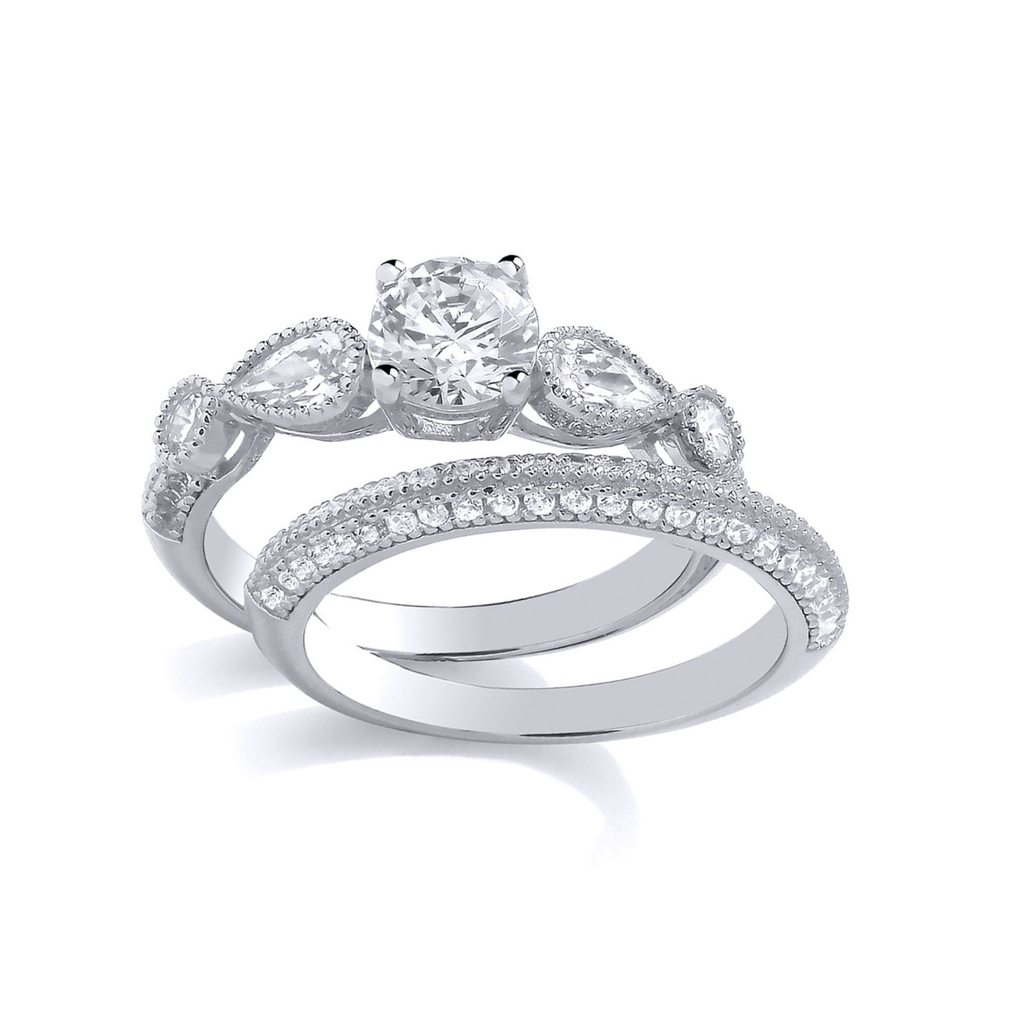Silver  Pear CZ Bead Edge Halo Cluster Bridal Rings Set - GSR1044