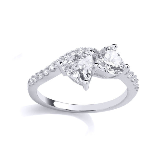 Silver  Trillion Heart CZ Toi et Moi Wavy Wishbone Eternity Ring - GSR1046