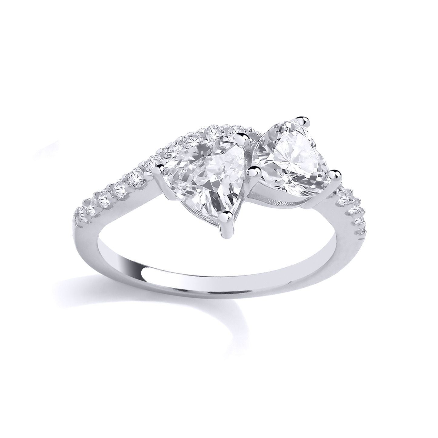 Silver  Trillion Heart CZ Toi et Moi Wavy Wishbone Eternity Ring - GSR1046