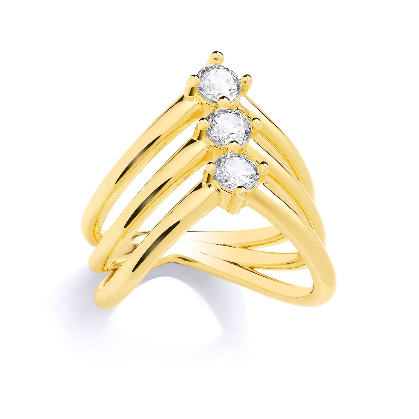Gold Plated Sterling Silver CZ Triple Wishbone Style Ring - GSR1050