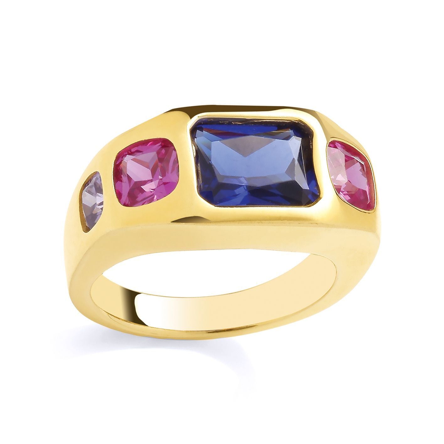 Gold-plated Silver  Blue Pink & Lilac Cushion CZ Bold Sunken Ring - GSR1051