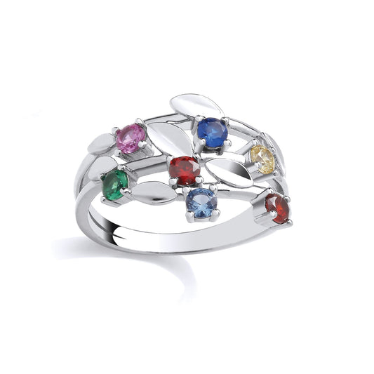 Silver  Red, Blue & Pink CZ Family Birthstone Tree Leaf Dress Ring - GSR1053