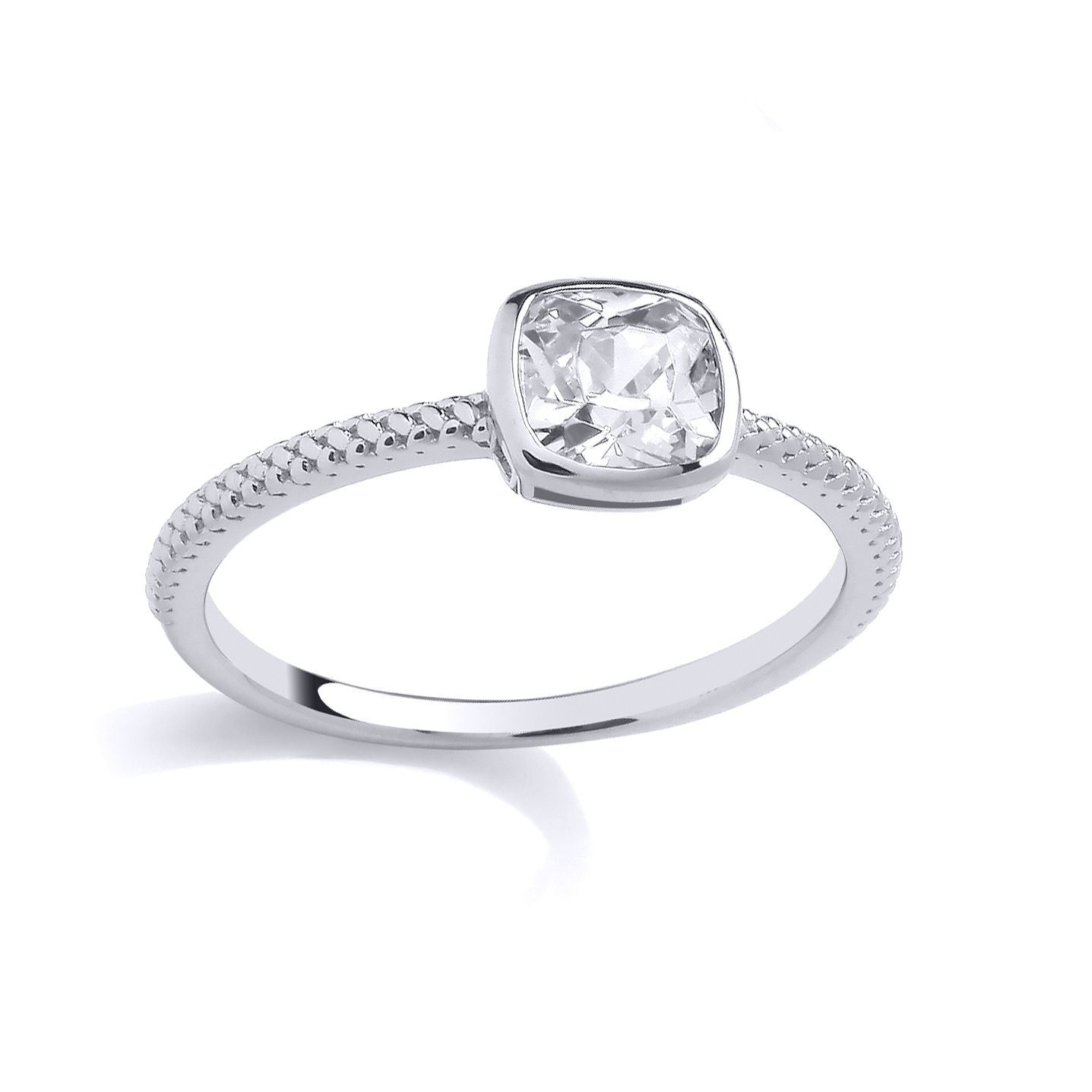Silver  Cushion CZ TV Cushion Bezel Beaded Plaited Band Ring - GSR1060