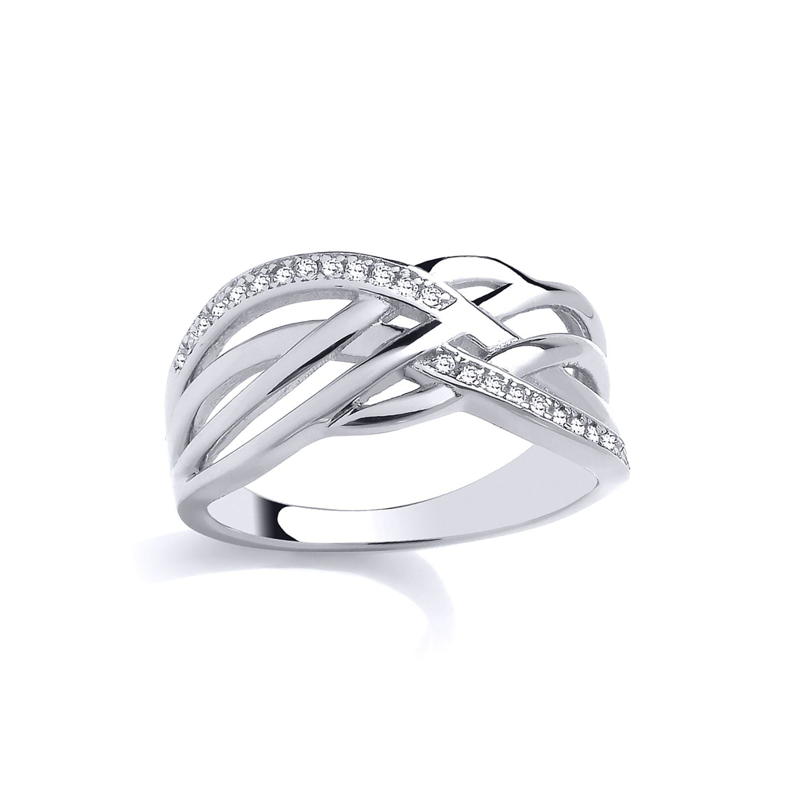 Silver  CZ Crossover Multi Strand Layered Woven Eternity Ring - GSR1063