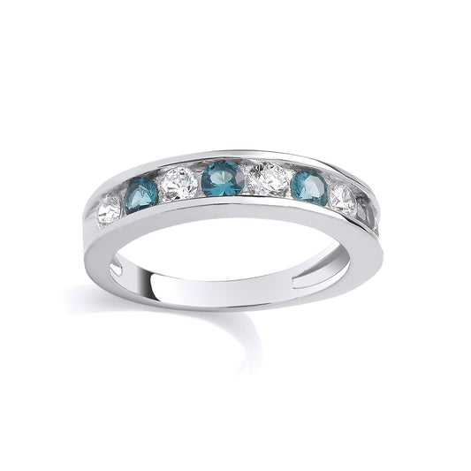 Silver  Teal CZ Alternating Channel Set Half Eternity Ring - GSR1065BT